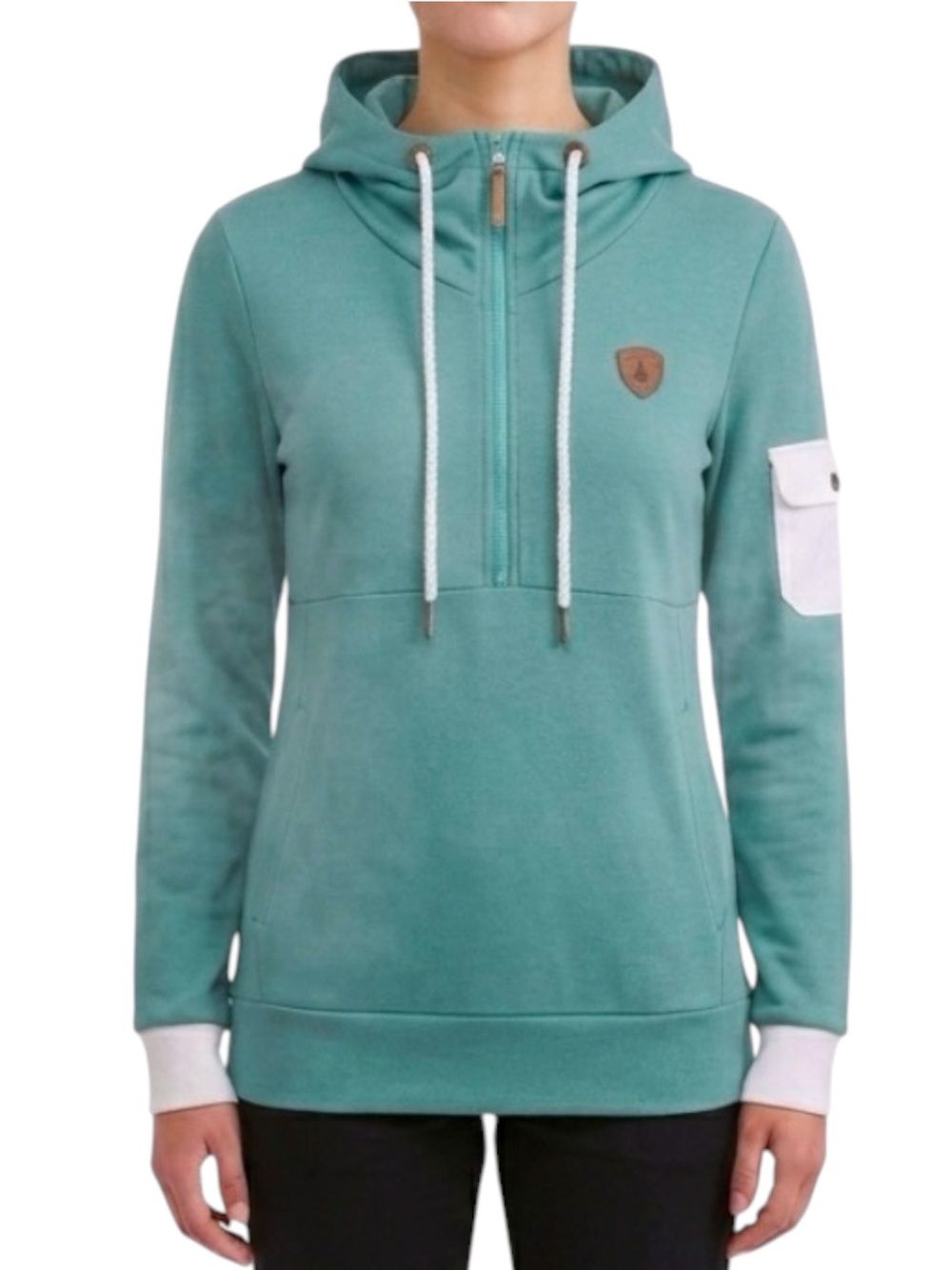 Wanakome Teal Green Half-Zip Hoodie with White Arm Pocket & Rope Drawstrings XL